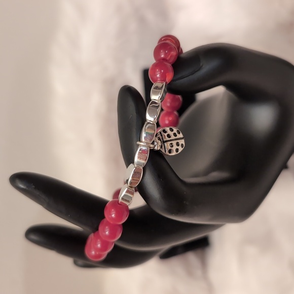 Red Beaded Bracelet with Silver Toned Ladybug Bead Focus - Picture 1 of 7